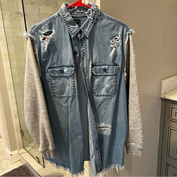 Jackets & Blazers - Chambray/ Sweatshirt Distressed Oversized Light Jacket